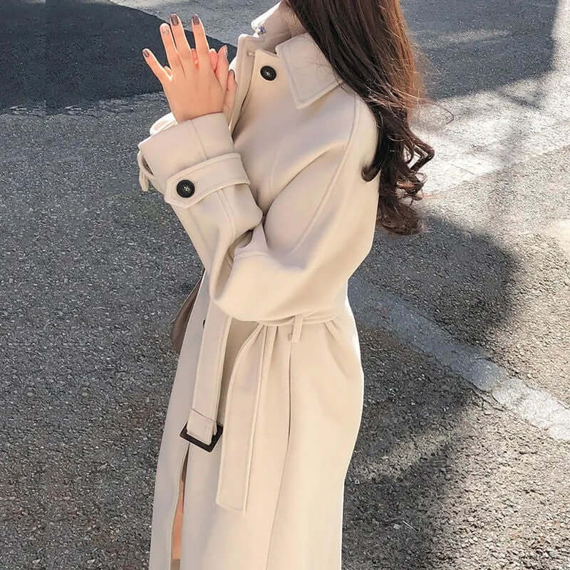 Trench-coat ceinturé en laine bleu marine pour femme, élégant et chaud pour l&