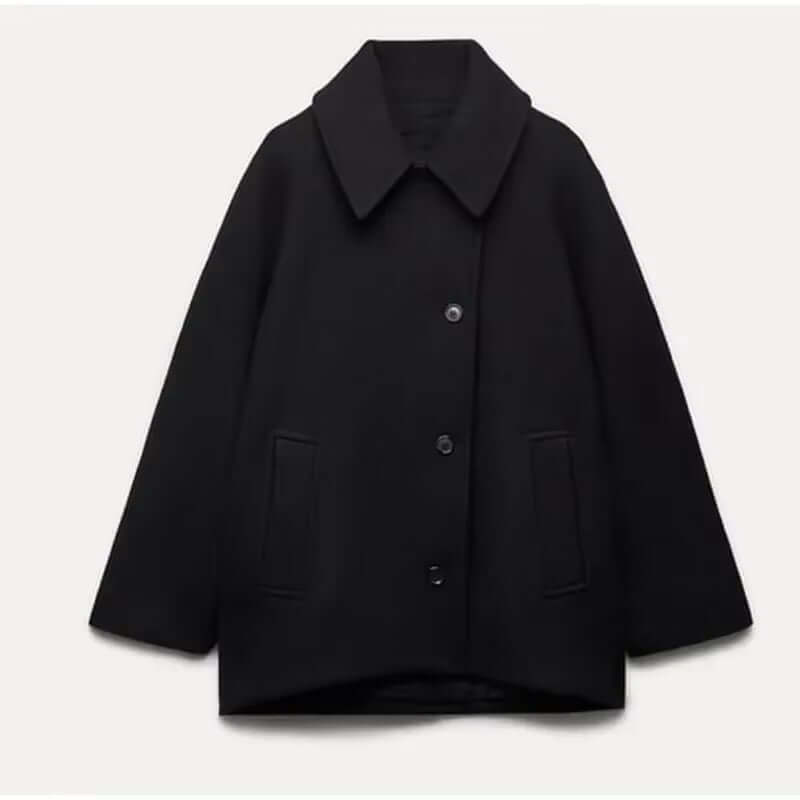 "Manteau en laine oversize brun, coupe ample, détails boutons, chic pour automne hiver, style et confort assuré."