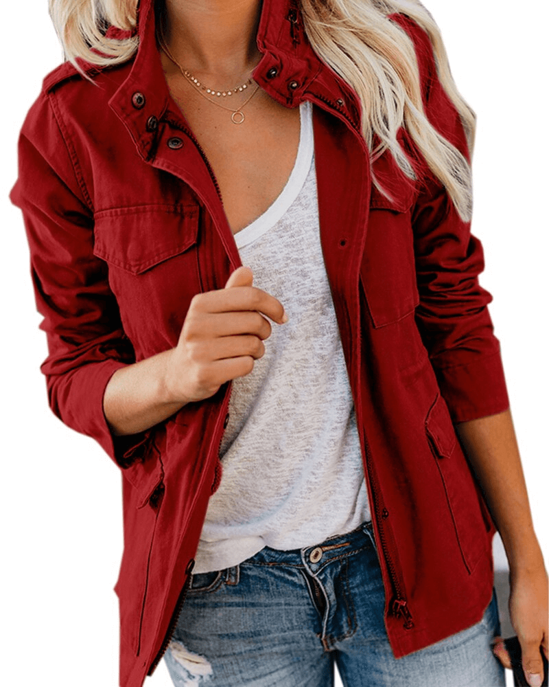 "Veste en coton mélangé avec poches, élégante et ajustée, pour femmes. Disponible en bleu, marron, noir, rouge, vert."