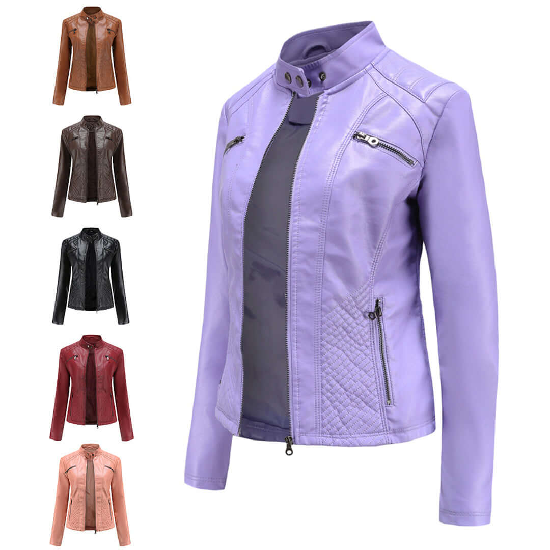 "Veste en cuir noir femme élégante avec fermeture asymétrique, col montant et poches zippées, style moderne et sophistiqué."