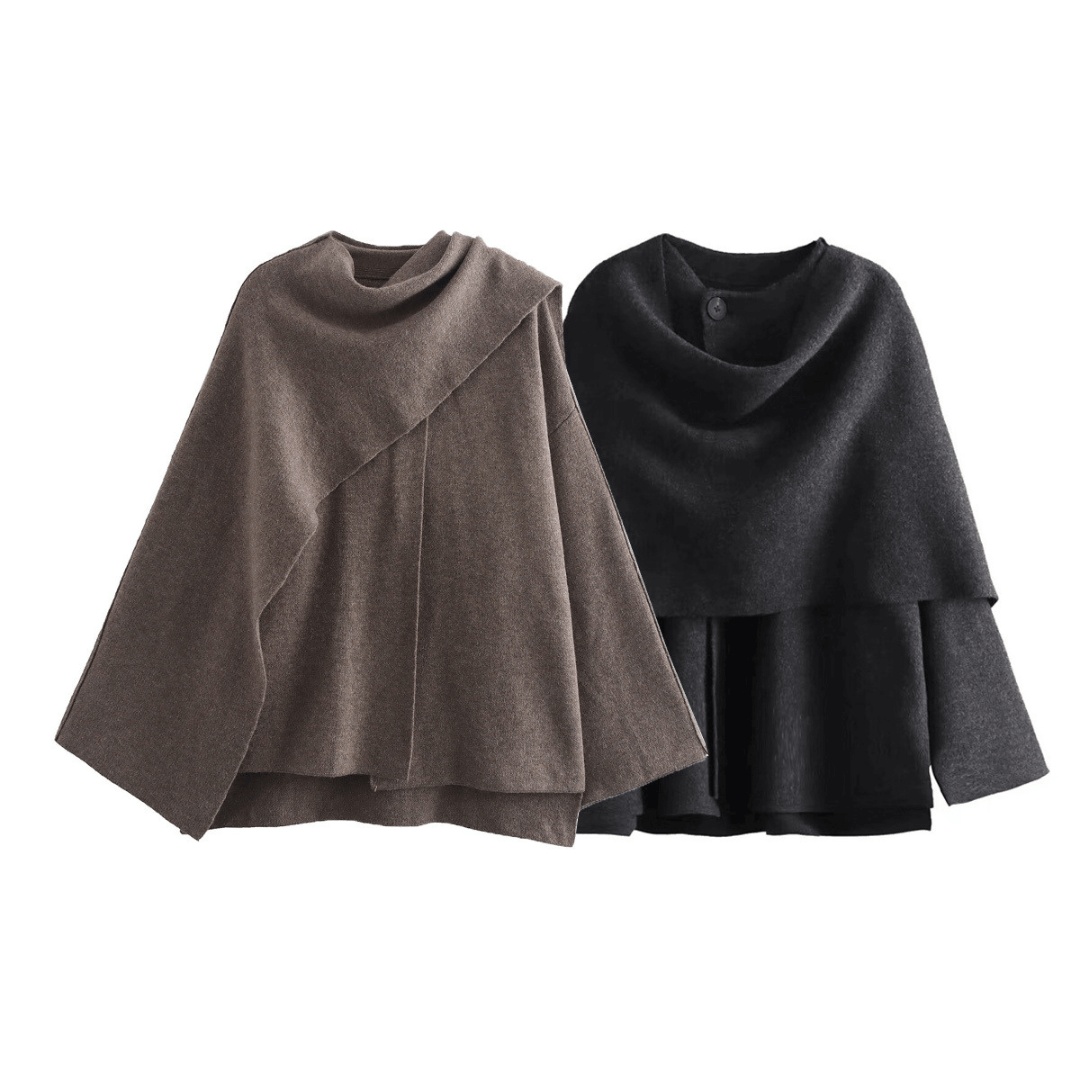 "Manteau cape femme chic automne, design asymétrique gris, tissu doux, style moderne et confortable pour temps frais."
