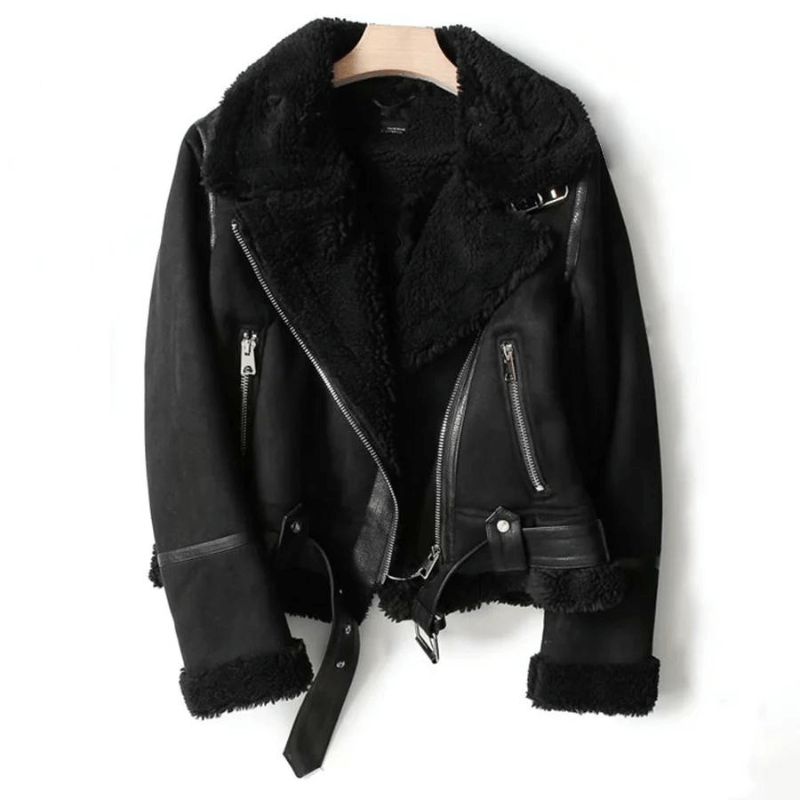 "Veste en cuir élégante pour femme, doublée de sherpa, idéale pour un look classique et moderne en hiver."