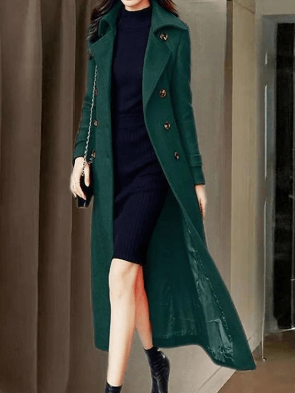 "Manteau long en laine pour femmes avec ceinture, col à revers, élégant et chaud, disponible en marron, noir, rouge, vert."