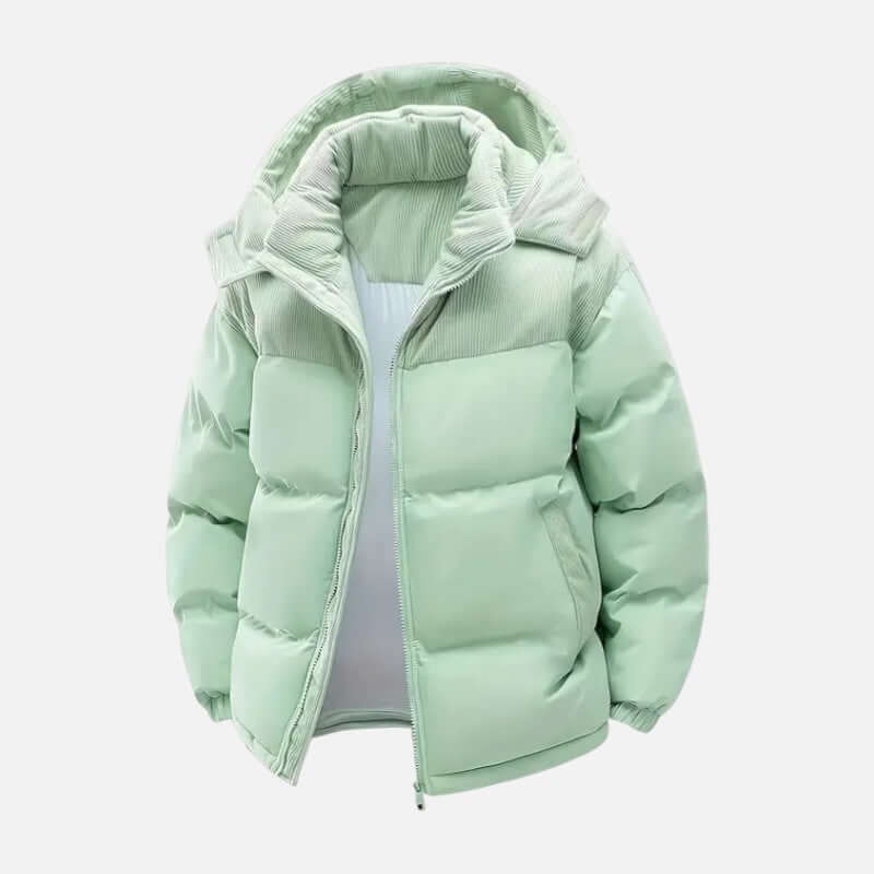 Veste hiver unisexe, blocs colorés, matelassée, capuche amovible, moderne, idéale pour hommes et femmes, style tendance.