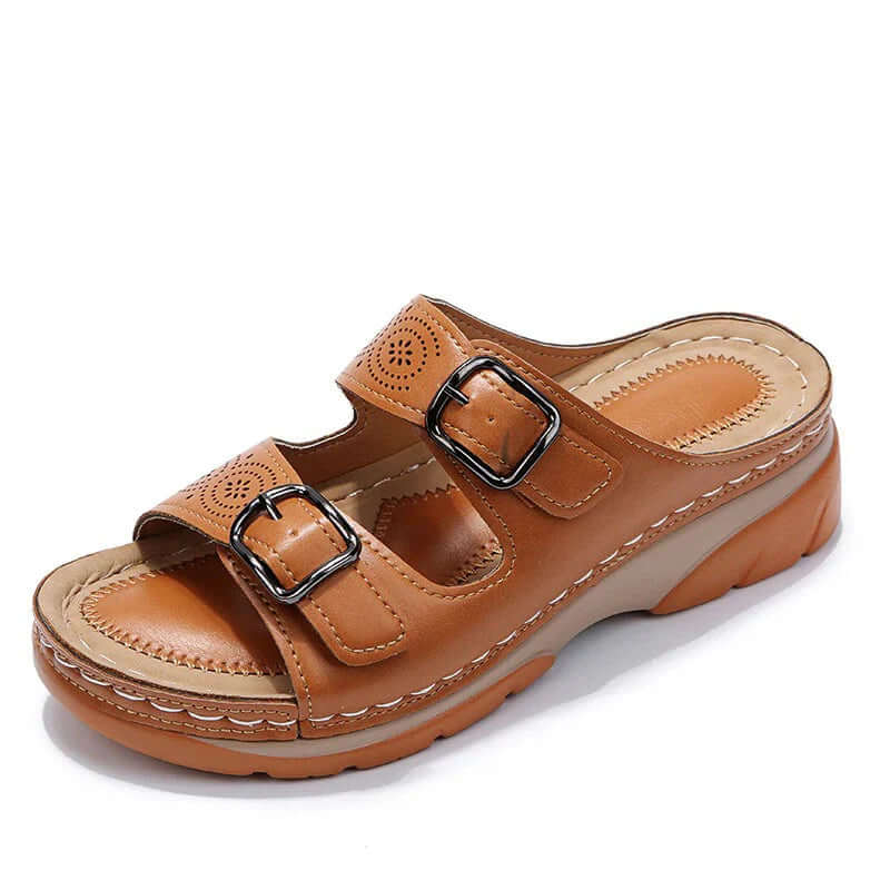 Sandales orthopédiques en cuir souple pour femmes, confortables, avec design chic et semelle amortissante.