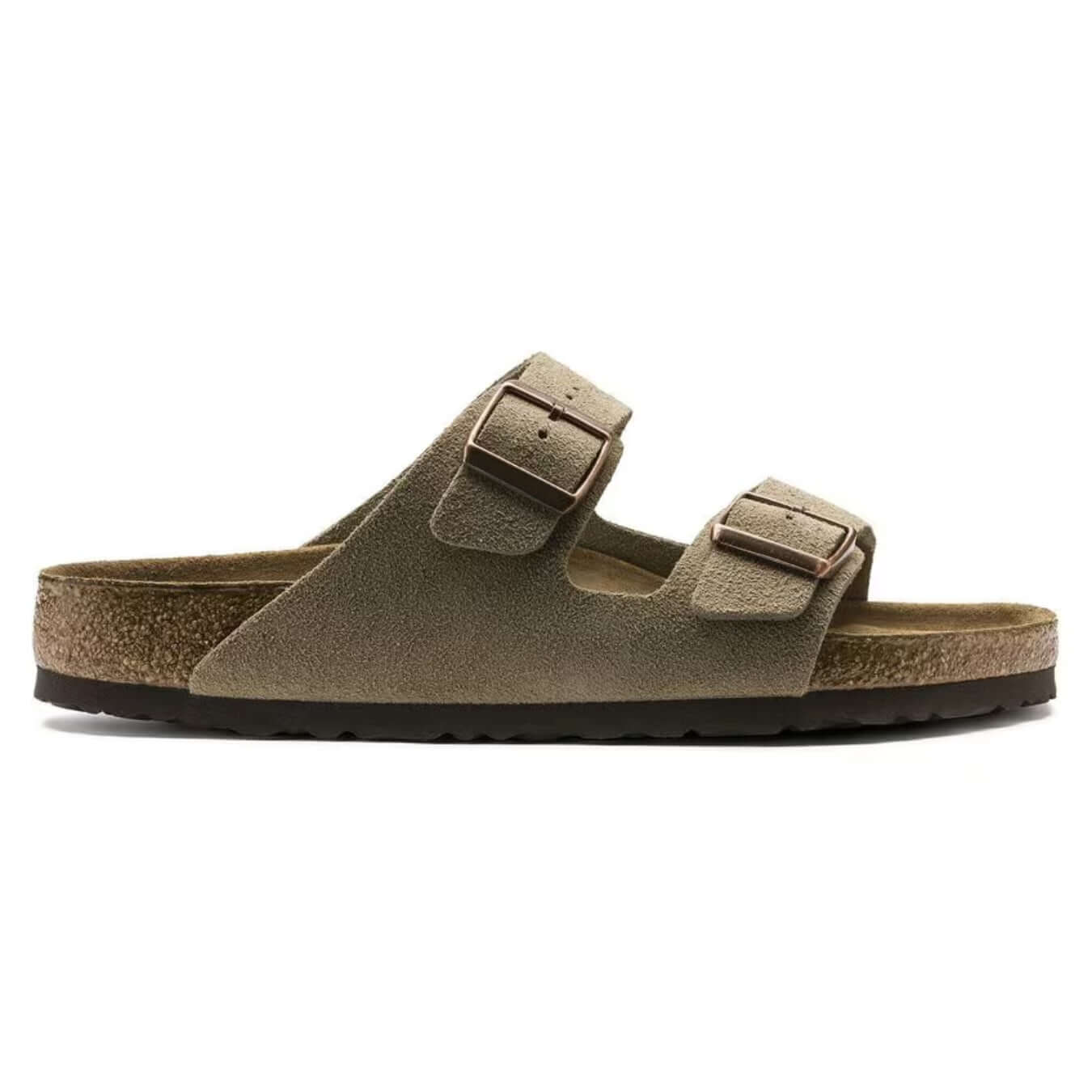 "Sandales femme en cuir velours taupe avec lit de pied souple, vue principale montrant design épuré et brides réglables."