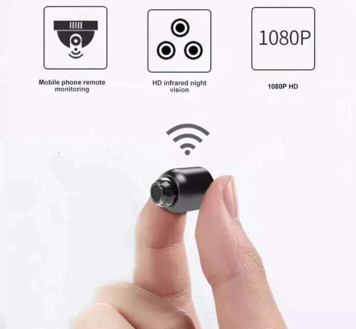 "Mini caméra WiFi compacte, noire, avec vision nocturne HD et détection de mouvement, angle de vue 150° pour la sécurité."
