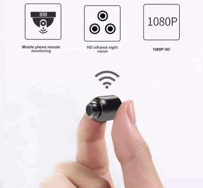 "Mini caméra WiFi compacte, noire, avec vision nocturne HD et détection de mouvement, angle de vue 150° pour la sécurité."