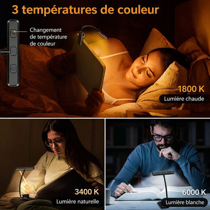 Lampe de lecture LED rechargeable à clip – 3 modes, luminosité réglable.