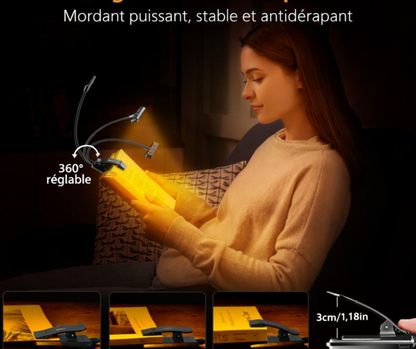 Lampe de lecture LED rechargeable à clip – 3 modes, luminosité réglable.