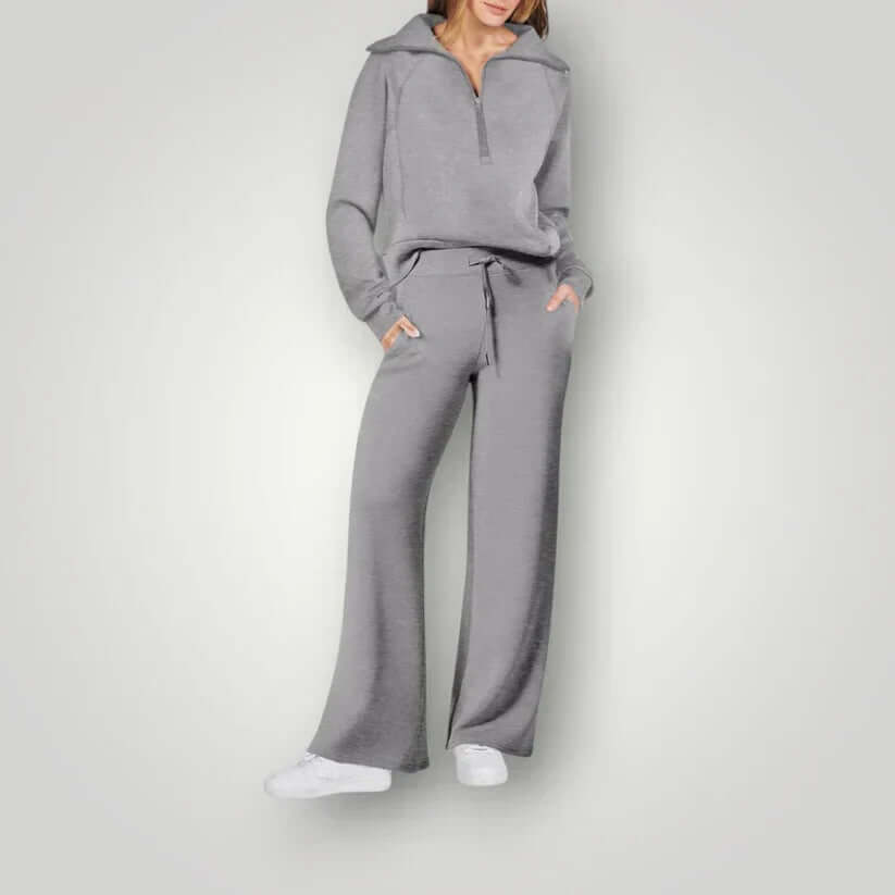 "Ensemble loungewear femme élégant, ample et doux, couleurs tendance, parfait pour détente à la maison ou sorties."