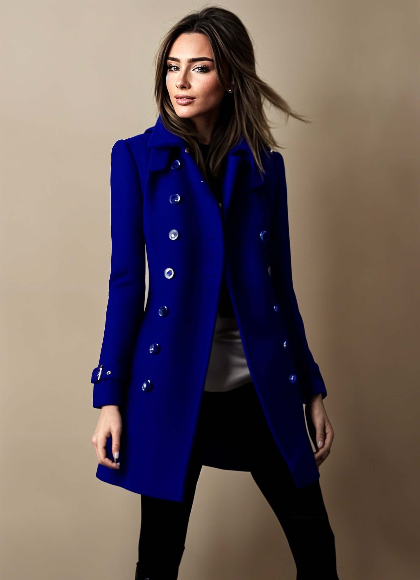 "Chic manteau d'hiver femme, coupe élégante, tissu chaud avec patte de boutonnage, parfait pour le style hivernal."