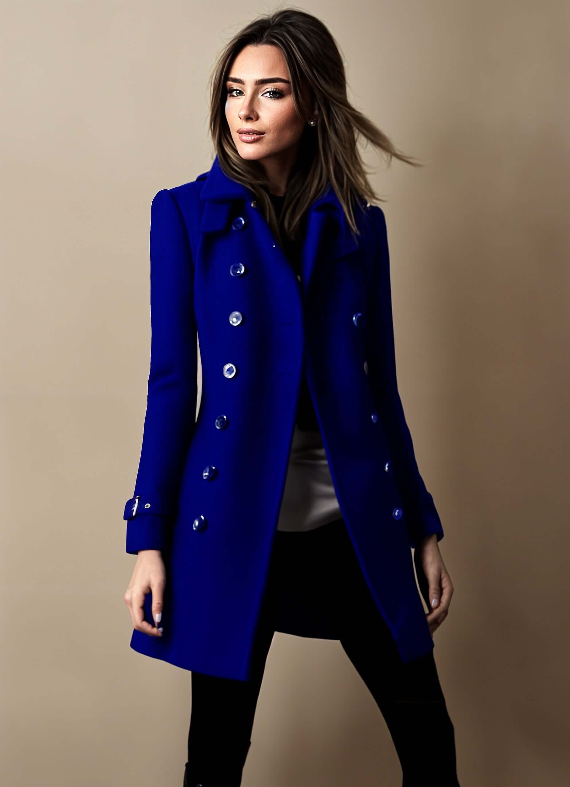 "Chic manteau d'hiver femme, coupe élégante, tissu chaud avec patte de boutonnage, parfait pour le style hivernal."
