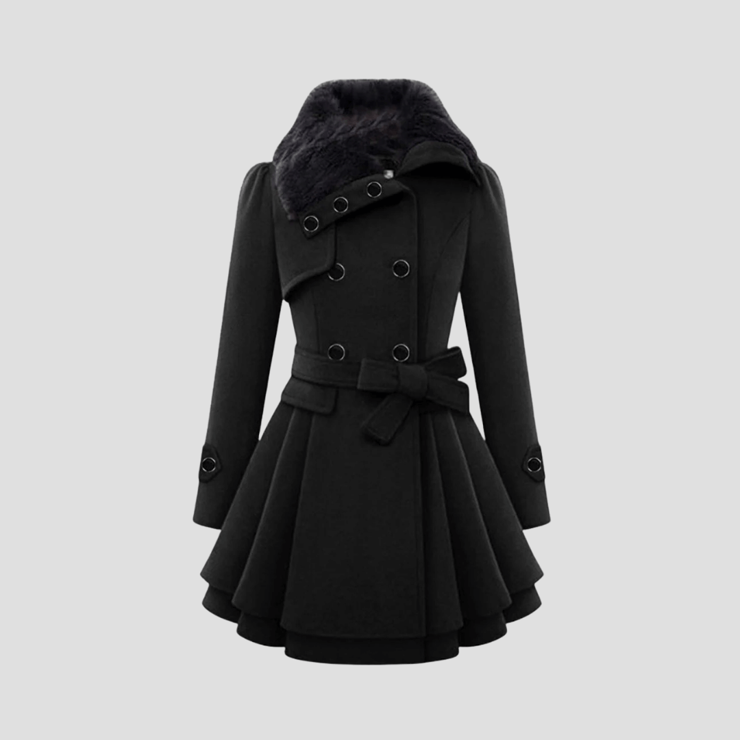 "Manteau d'hiver cintré femme, vue de face, avec col fausse fourrure et détail double boutonnage élégant."