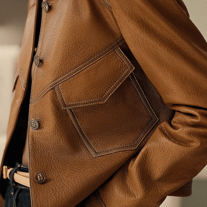 Veste en cuir pour femme, élégante et intemporelle, col distinctif, fermeture à boutons, poches pratiques, cuir doux.