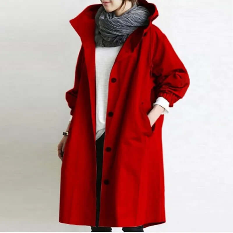Trench-coat femme élégant vert armée, vue de face, chic et confortable pour toutes saisons, style intemporel adaptable.