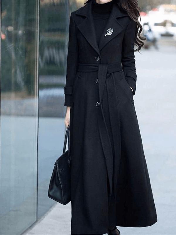 "Manteau long en laine pour femmes avec ceinture, col à revers, élégant et chaud, disponible en marron, noir, rouge, vert."