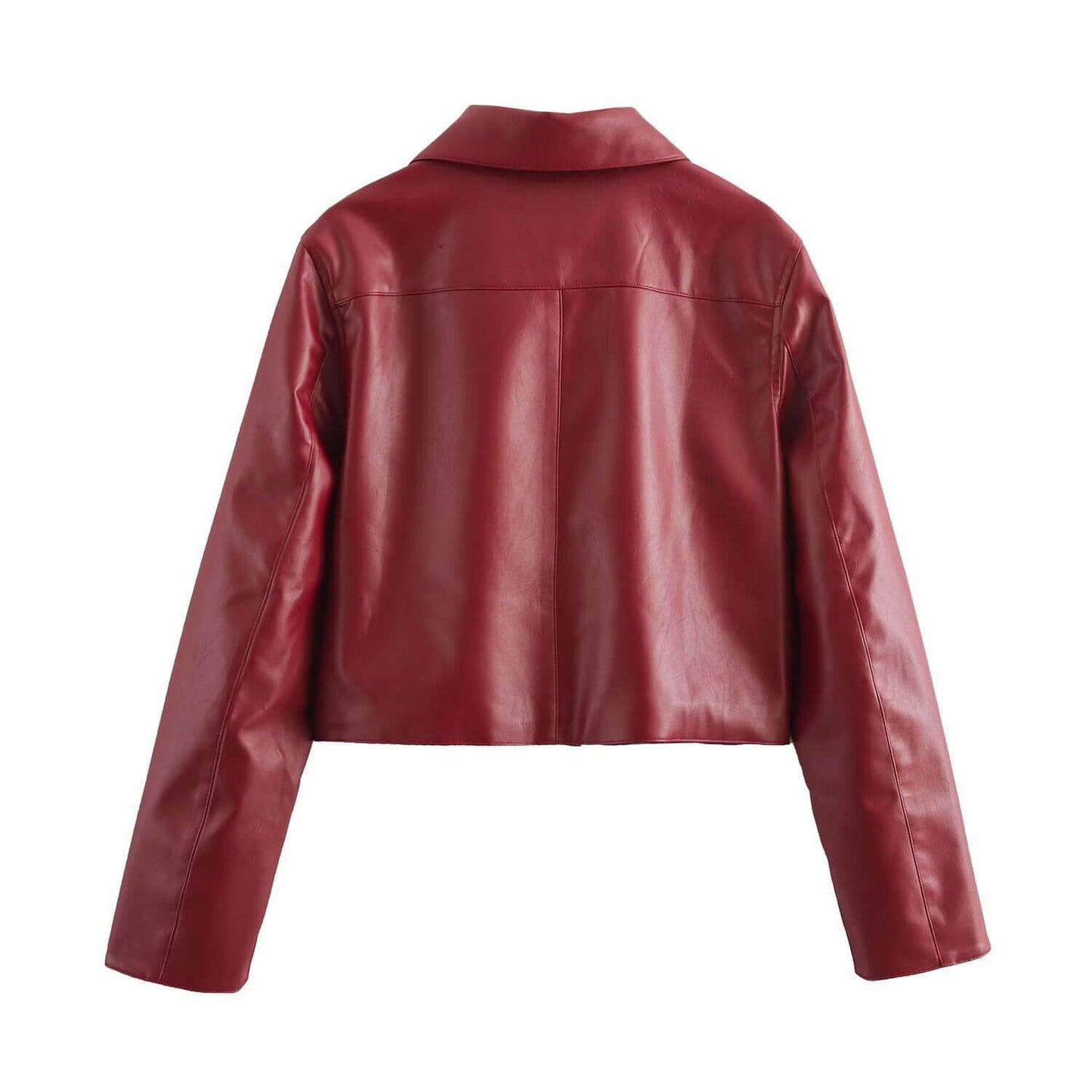 Veste en cuir rouge et marron, design épuré, boutons recouverts, finition brillante, idéale pour soirées ou virées décontract