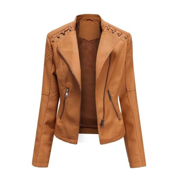 "Veste en cuir d'agneau pour femmes, élégante, vintage, zip nickel brillant, surpiqûres raffinées, chic et confortable."