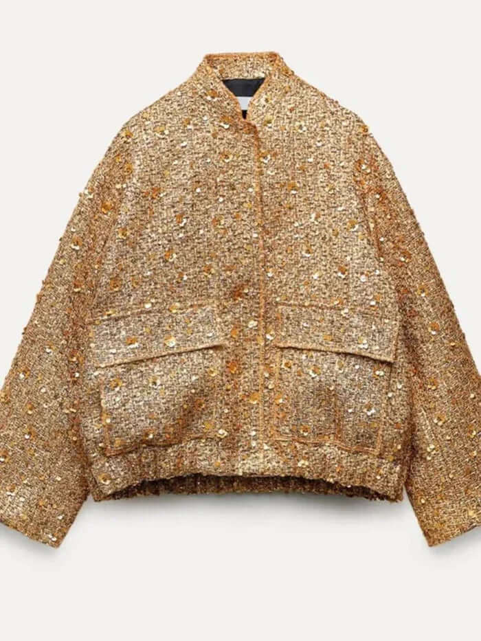 "Blouson doré à paillettes femme chic et glamour, manches longues, idéal pour soirées élégantes."