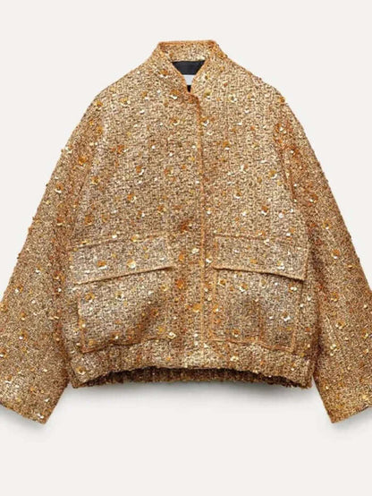 "Blouson doré à paillettes femme chic et glamour, manches longues, idéal pour soirées élégantes."