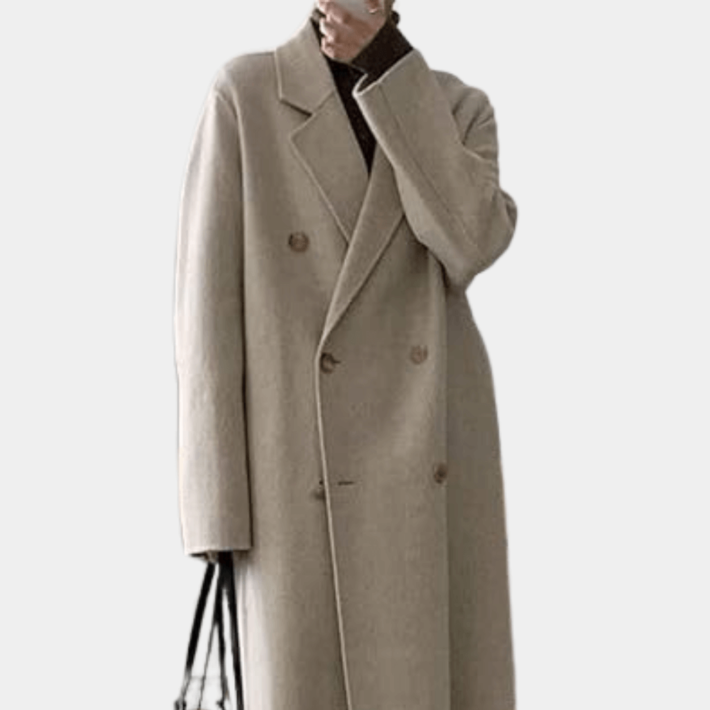 "Manteau d'hiver long marron beige pour femmes, double boutonnage élégant, chaud et confortable"