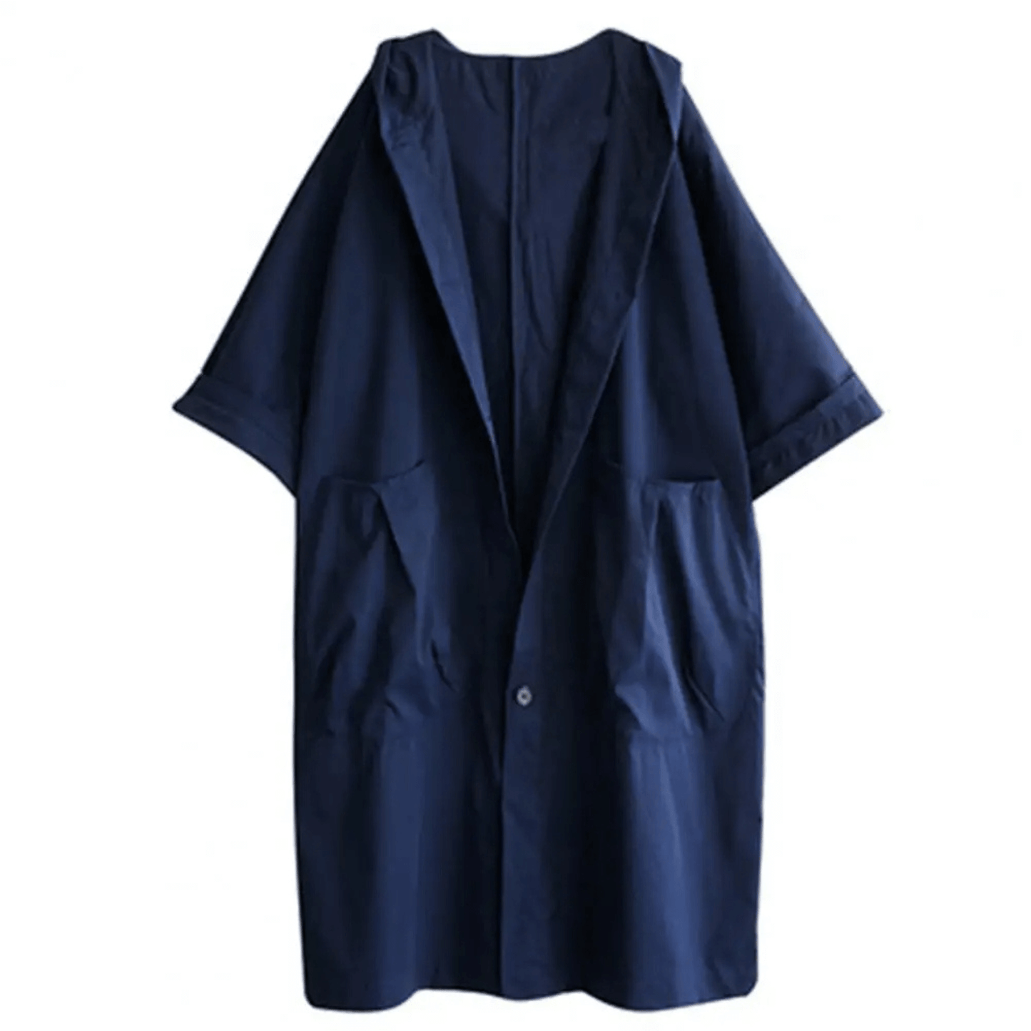 "Trench-coat long femme avec capuche, élégant et ample, pour un style sophistiqué en bleu marine, kaki, noir ou rouge."