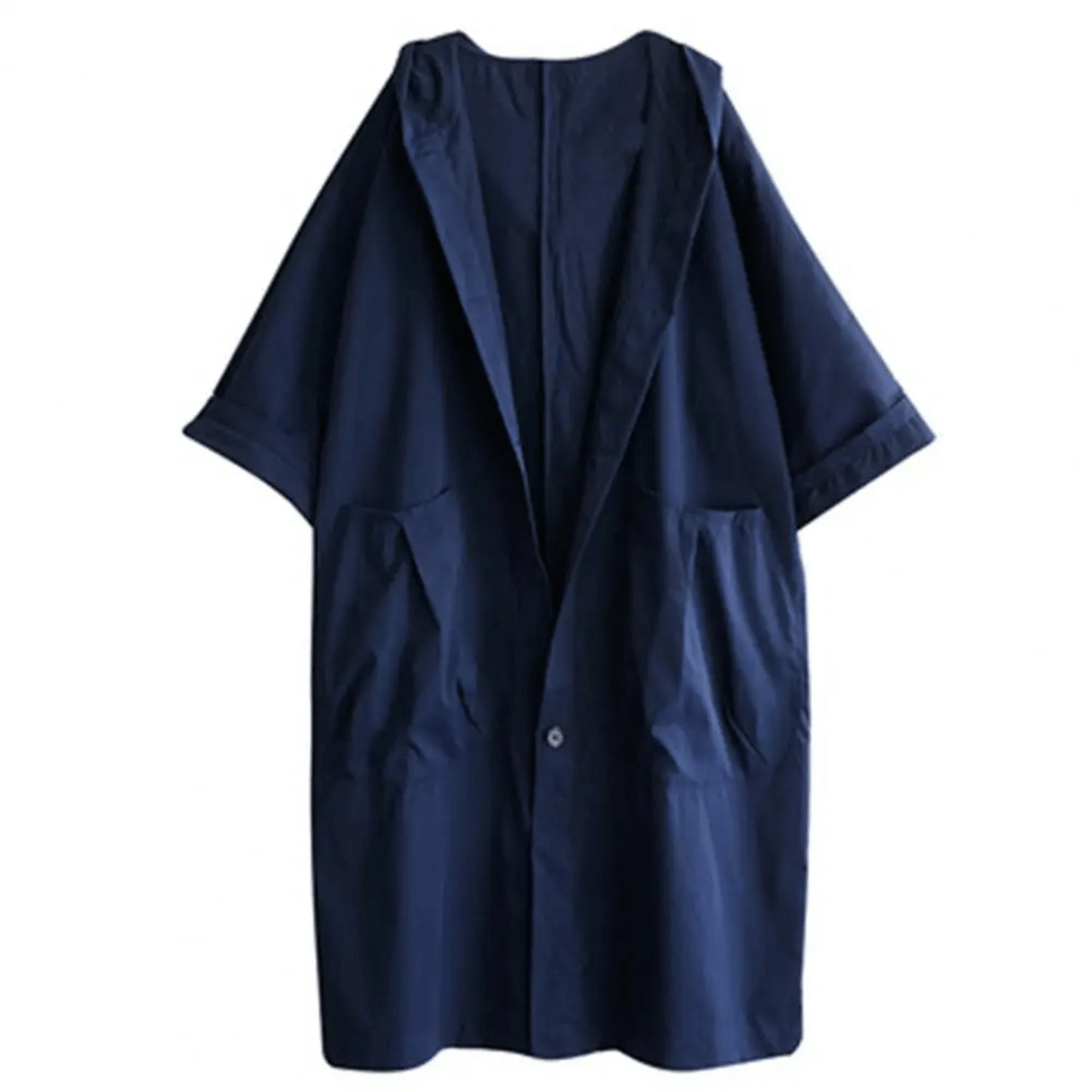 "Trench-coat long femme avec capuche, élégant et ample, pour un style sophistiqué en bleu marine, kaki, noir ou rouge."