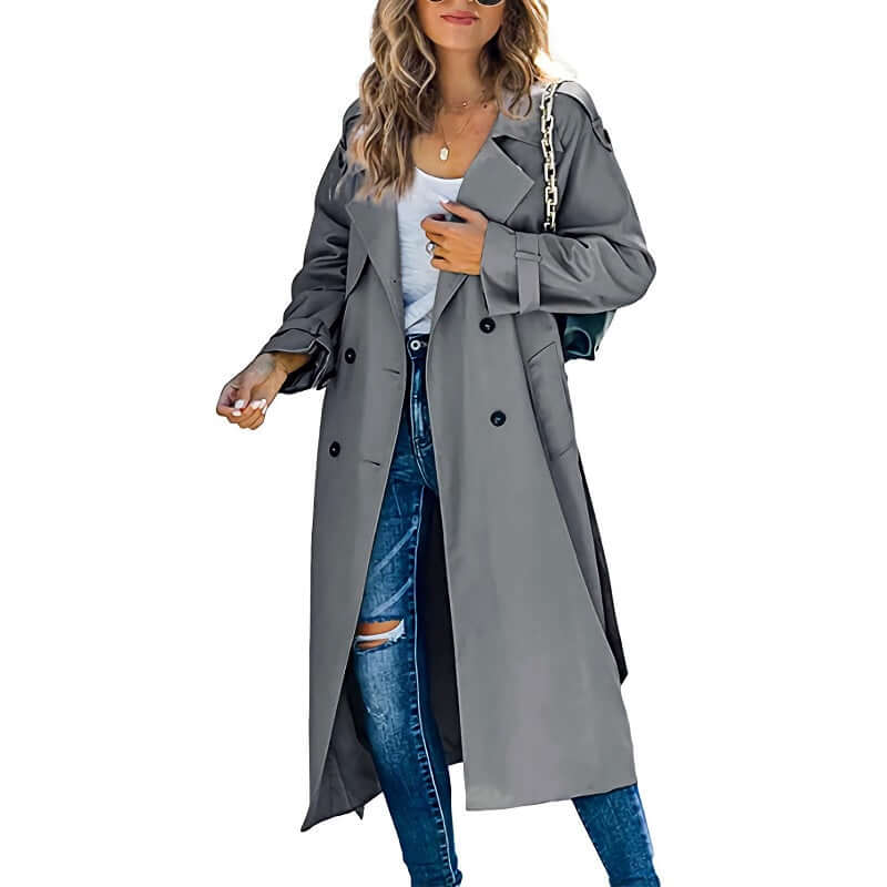 "Trench-coat long femme élégant, angle de face, silhouette élancée, style intemporel, couleur kaki, coupe raffinée"