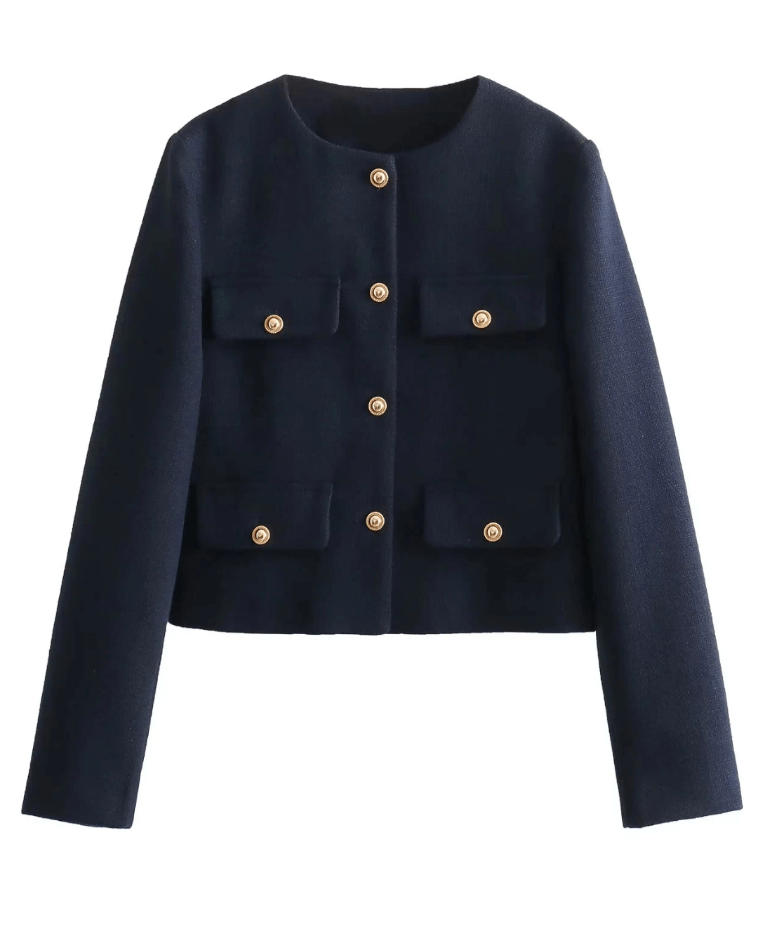 "Veste cintrée femme élégante, boutons dorés, tissu luxueux et coupe flatteuse, idéale pour des looks chics."