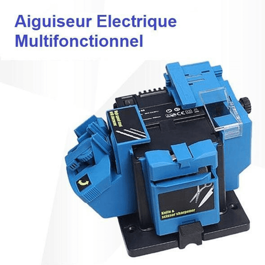 "Aiguiseur électrique multifonctionnel pour couteaux, ciseaux et outils, compact et bleu, angle réglable, 65W puissant."