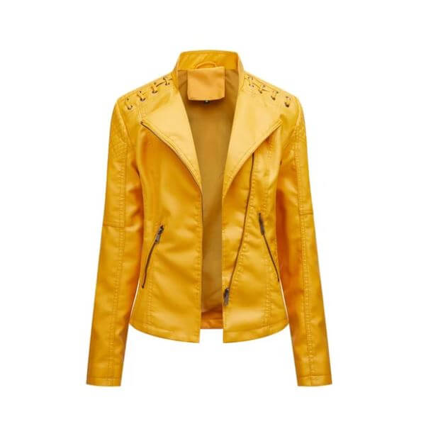"Veste en cuir d'agneau pour femmes, élégante, vintage, zip nickel brillant, surpiqûres raffinées, chic et confortable."