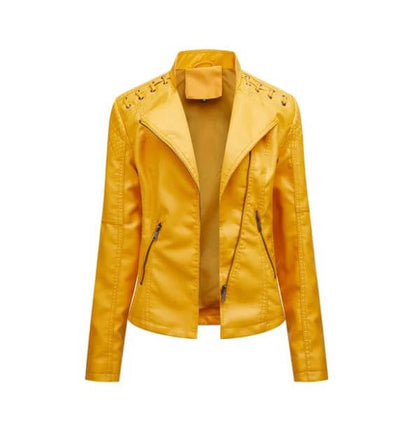 "Veste en cuir d'agneau pour femmes, élégante, vintage, zip nickel brillant, surpiqûres raffinées, chic et confortable."