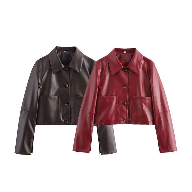 Veste en cuir rouge et marron, design épuré, boutons recouverts, finition brillante, idéale pour soirées ou virées décontract