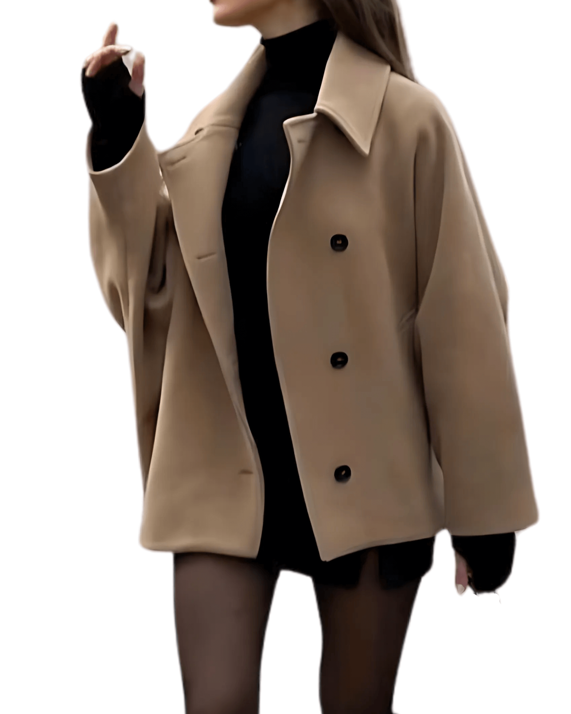 "Manteau en laine oversize brun, coupe ample, détails boutons, chic pour automne hiver, style et confort assuré."