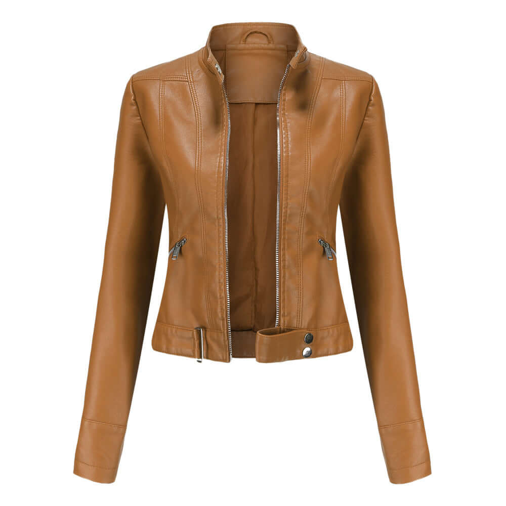 "Veste en cuir biker Mille pour femme, couleur noire, double fermetures éclair, audacieuse et élégante."