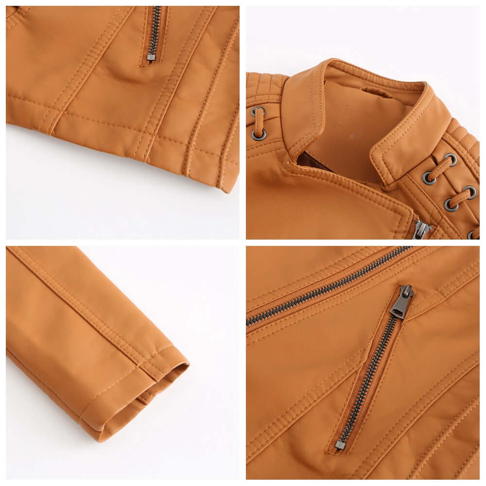"Veste en cuir d'agneau pour femmes, élégante, vintage, zip nickel brillant, surpiqûres raffinées, chic et confortable."