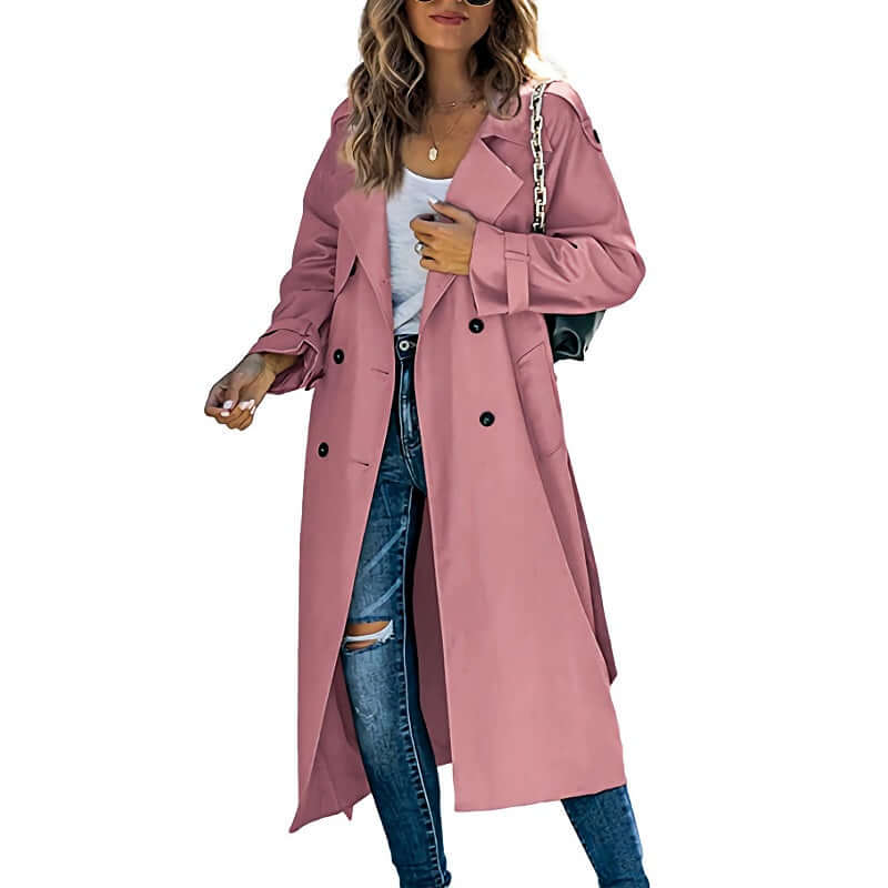 "Trench-coat long femme élégant, angle de face, silhouette élancée, style intemporel, couleur kaki, coupe raffinée"