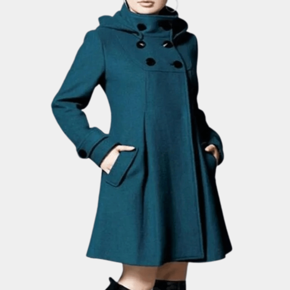 "Veste d'hiver femme élégante vert foncé avec poches latérales, coupe moderne, style sophistiqué pour occasions variées."