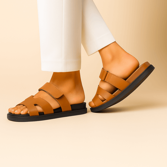 "Sandales décontractées en cuir véritable, silhouette épurée, brides ajustables, couleur marron foncé pour confort estival."