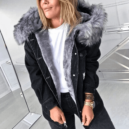 "Veste en denim de luxe noir pour femme avec coupe ample, élégante et polyvalente, idéale toutes saisons intermédiaires"