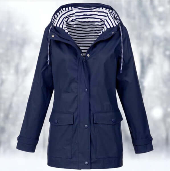 Veste imperméable femme élégante, coupe ajustée, capuche, poches latérales, couleur jaune, protection pluie et vent.
