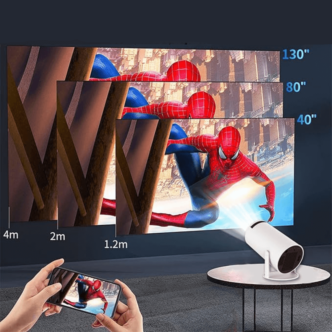 "Projecteur portable 4K HD design compact, boîtier élégant avec lentille large, parfait pour cinéma maison intérieur et extér