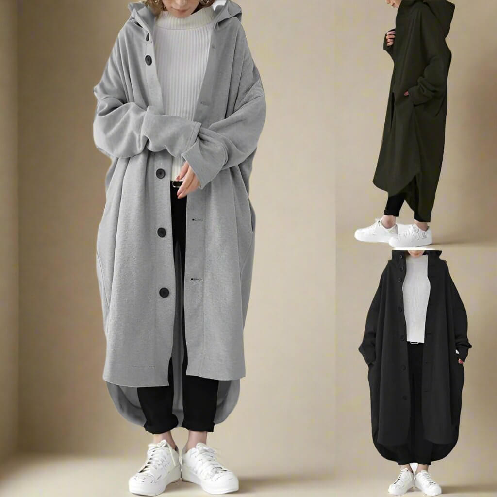 "Trench coat long femme Julina avec capuche, coupe ample et poches latérales, élégance chic pour un look décontracté."