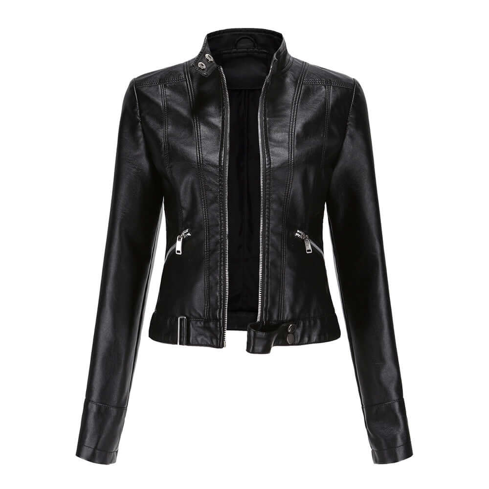 "Veste en cuir biker Mille pour femme, couleur noire, double fermetures éclair, audacieuse et élégante."