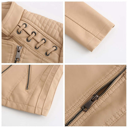 "Veste en cuir d'agneau pour femmes, élégante, vintage, zip nickel brillant, surpiqûres raffinées, chic et confortable."