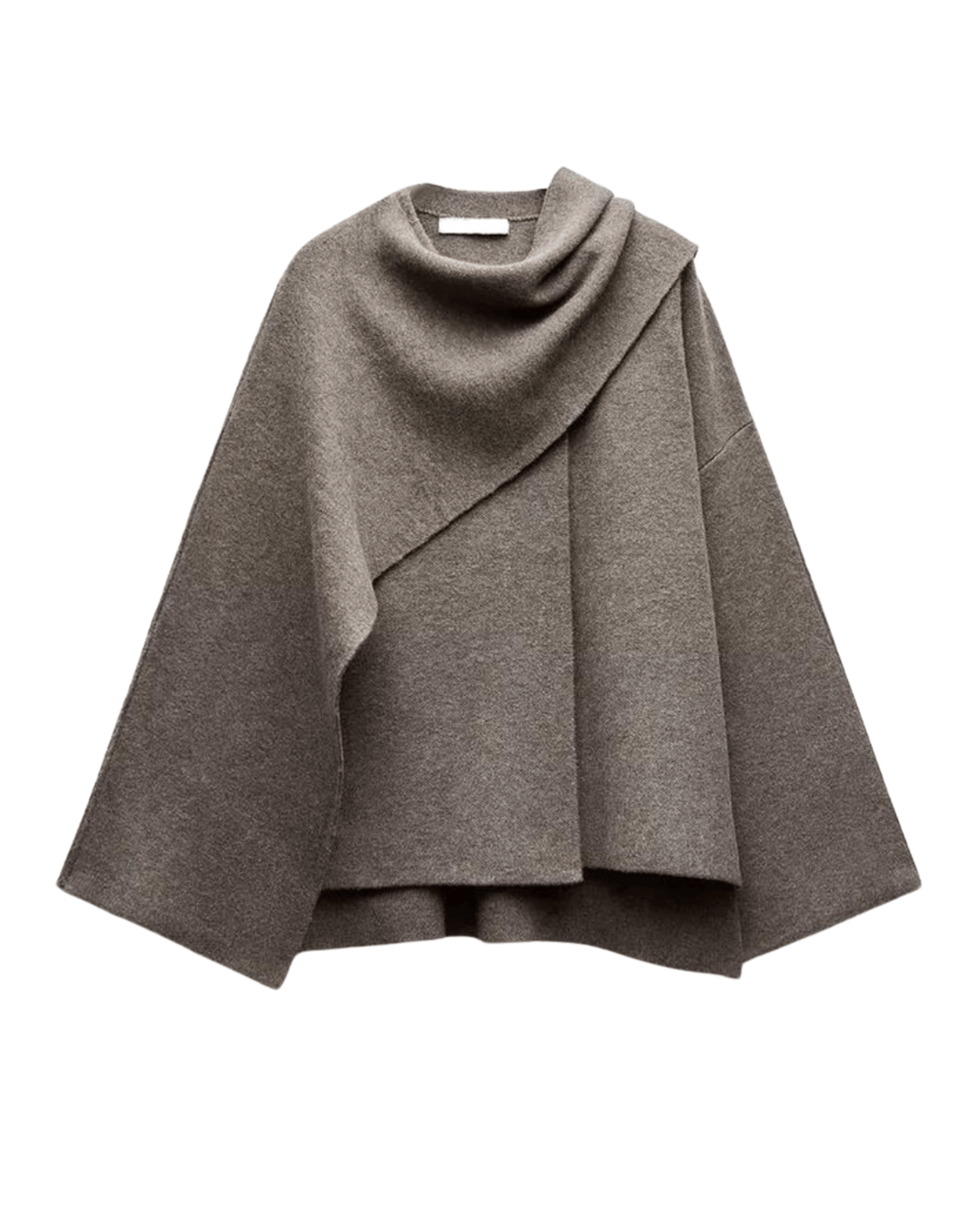 "Manteau cape femme chic automne, design asymétrique gris, tissu doux, style moderne et confortable pour temps frais."