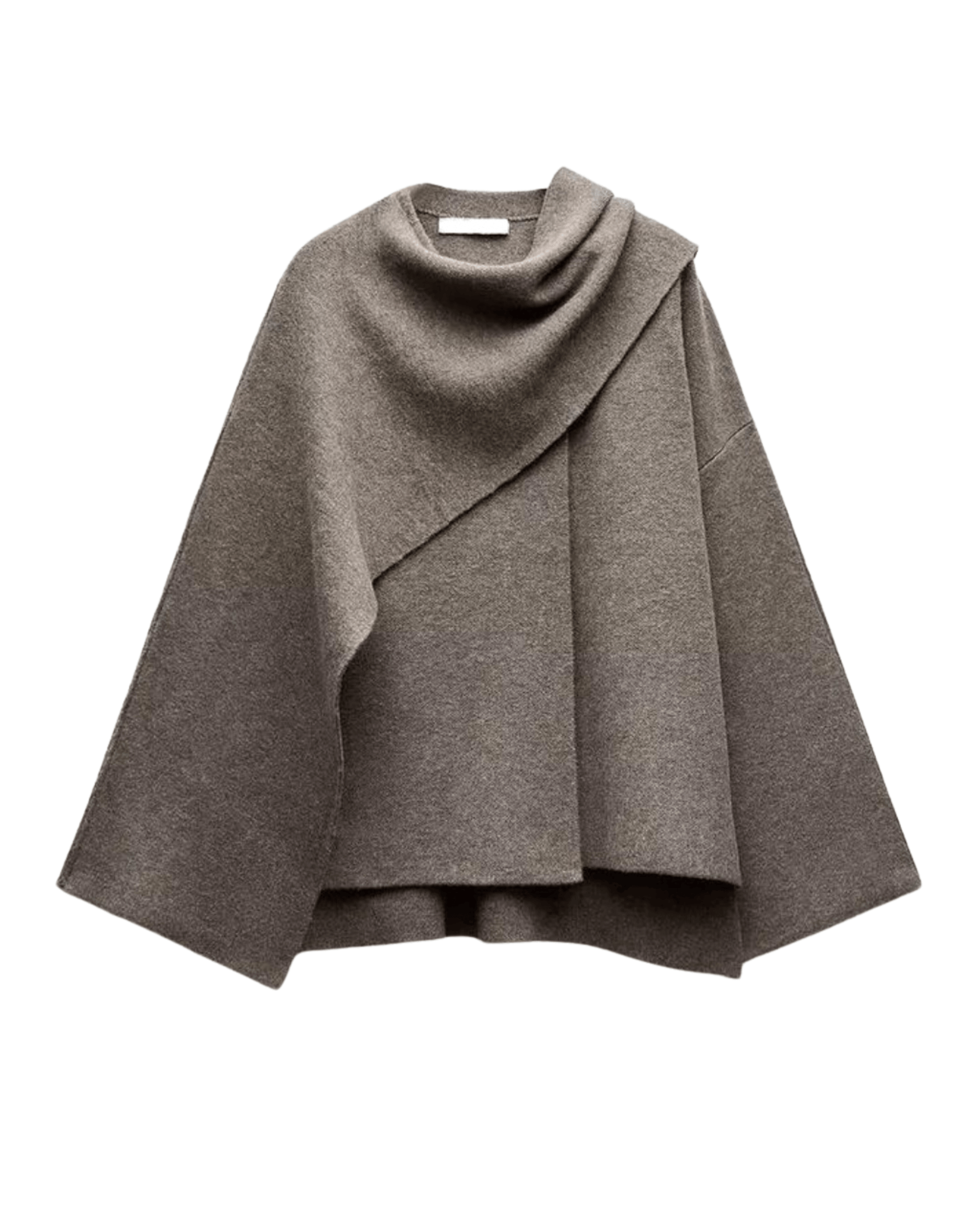 "Poncho femme en laine gris foncé avec design asymétrique, élégant et chaud, idéal pour l'hiver, vue complète."