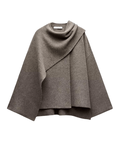 "Poncho femme en laine gris foncé avec design asymétrique, élégant et chaud, idéal pour l'hiver, vue complète."