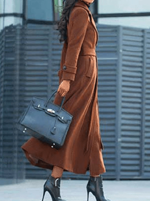 "Manteau long en laine pour femmes avec ceinture, col à revers, élégant et chaud, disponible en marron, noir, rouge, vert."